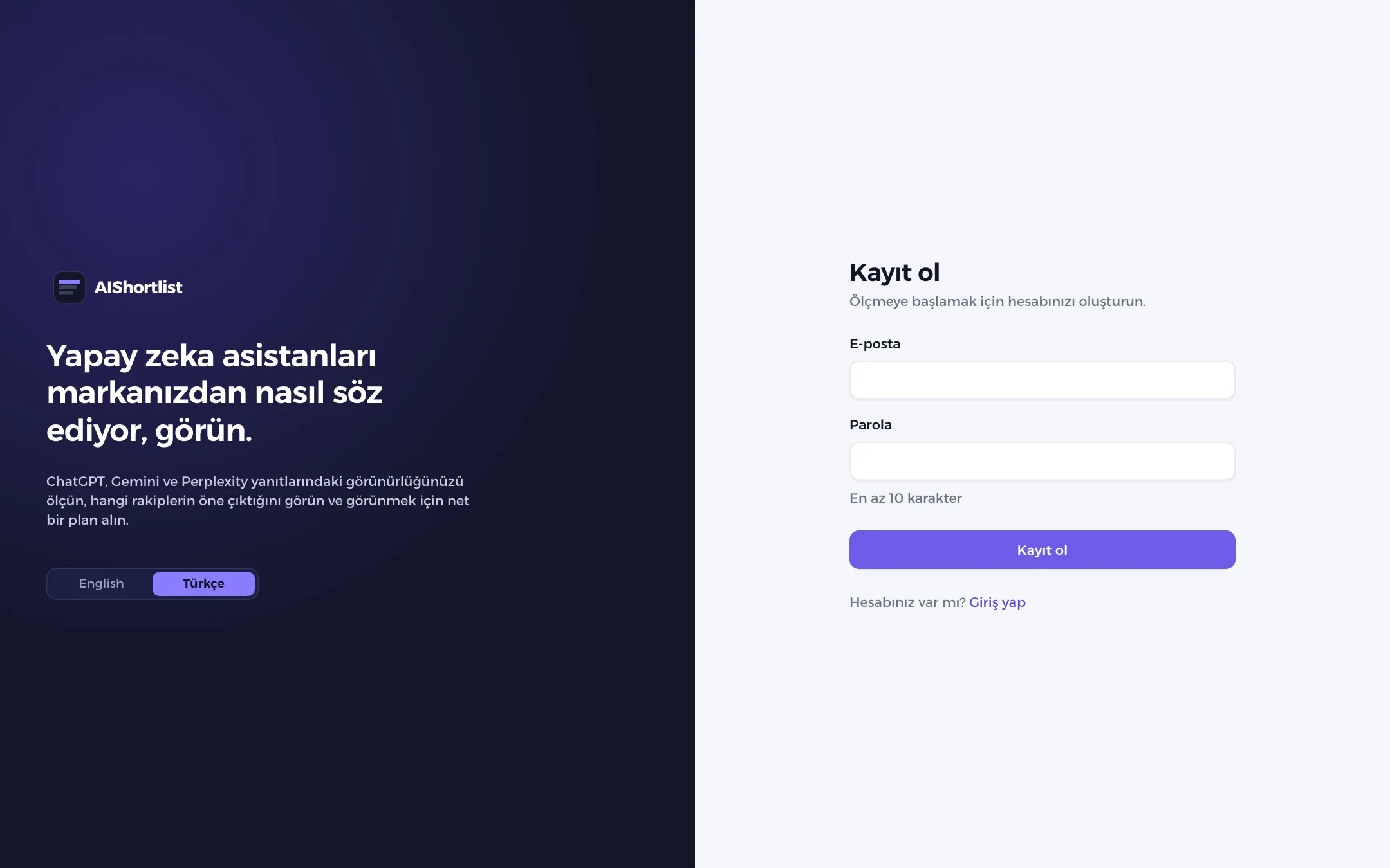 AIShortlist kayıt ekranı: e-posta ve parola alanları