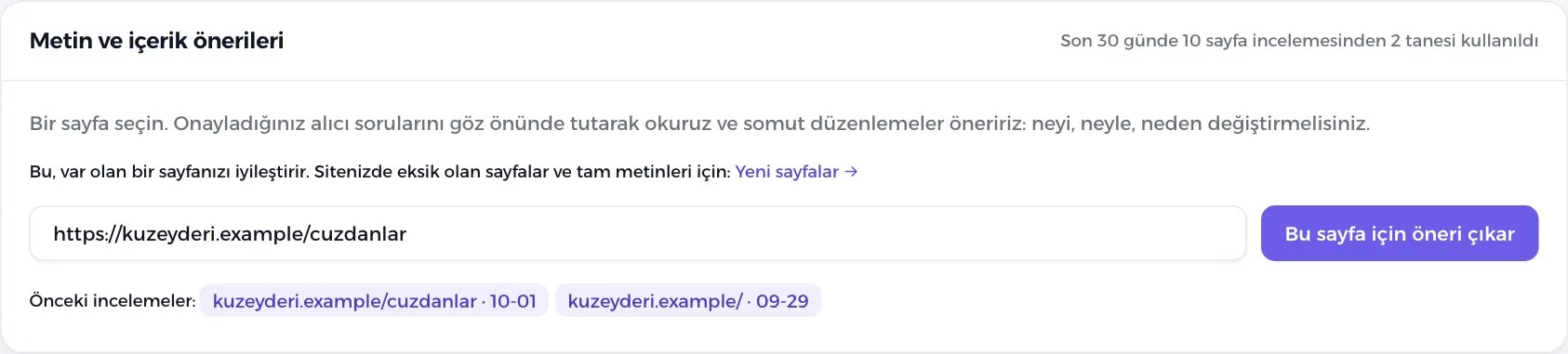 Metin önerisi kartları: şu an ve önerilen metin