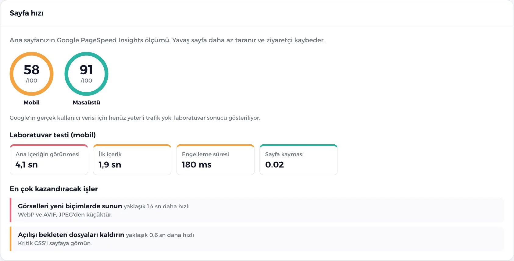 Sayfa hızı kartı: mobil ve masaüstü puanı