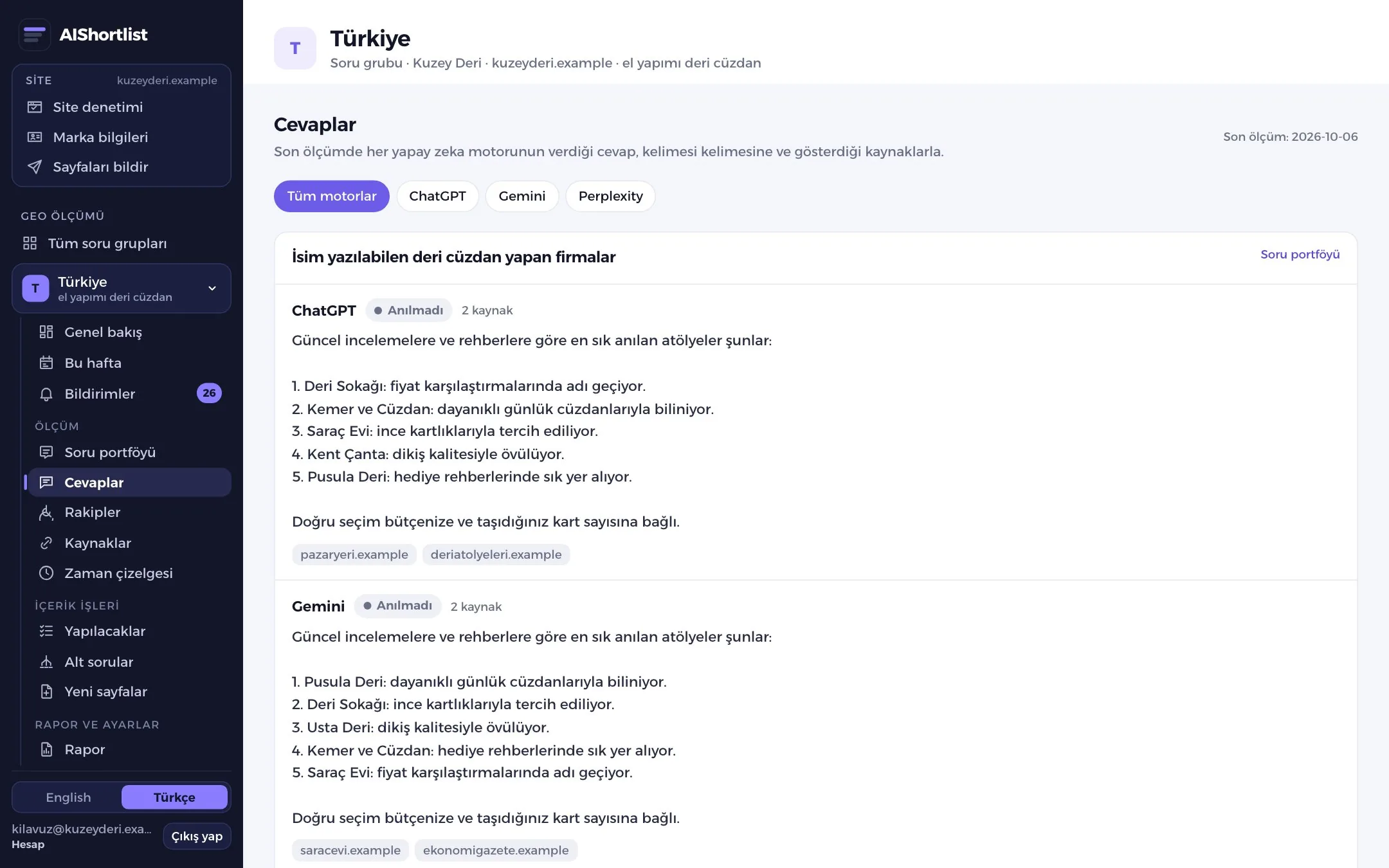 Cevaplar ekranı: her motorun cevabı ve kaynakları