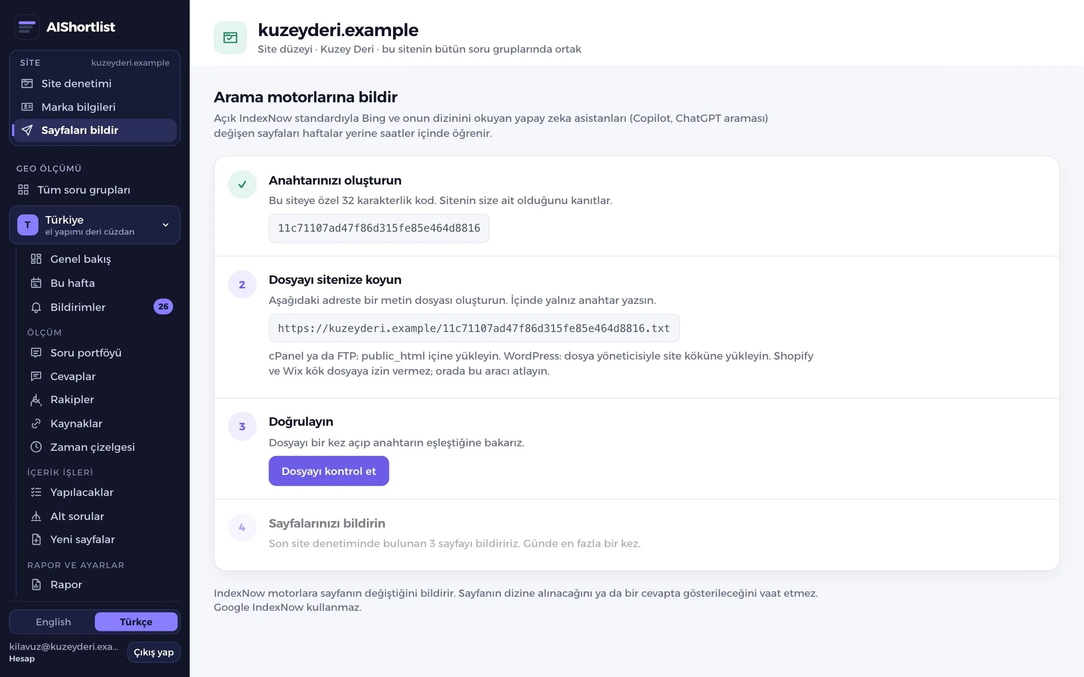 Sayfaları bildir ekranı: dört adım