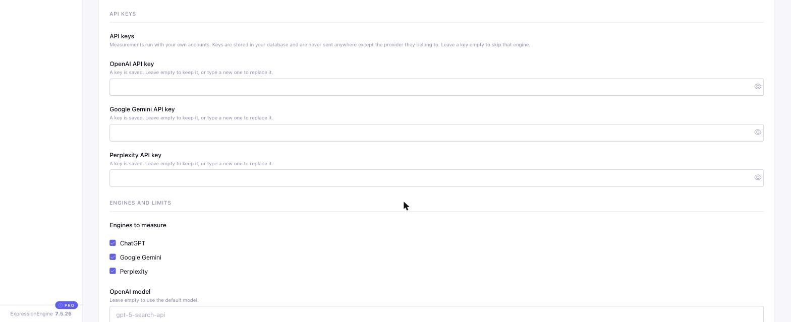 Settings screen with fields for OpenAI, Gemini and Perplexity API keys and checkboxes selecting which engines to measure.