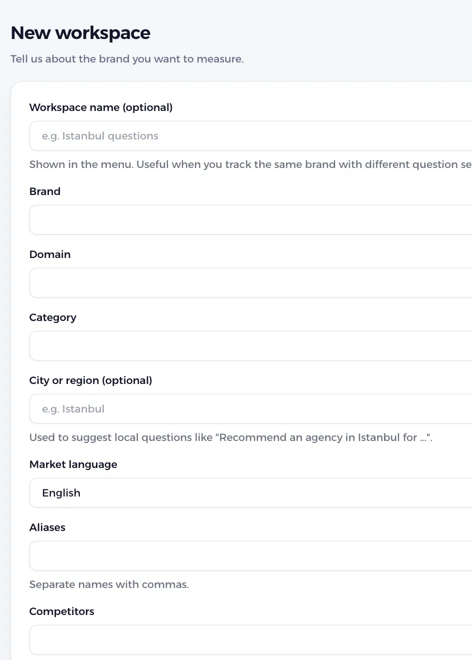 New workspace form with brand, domain, category and city fields