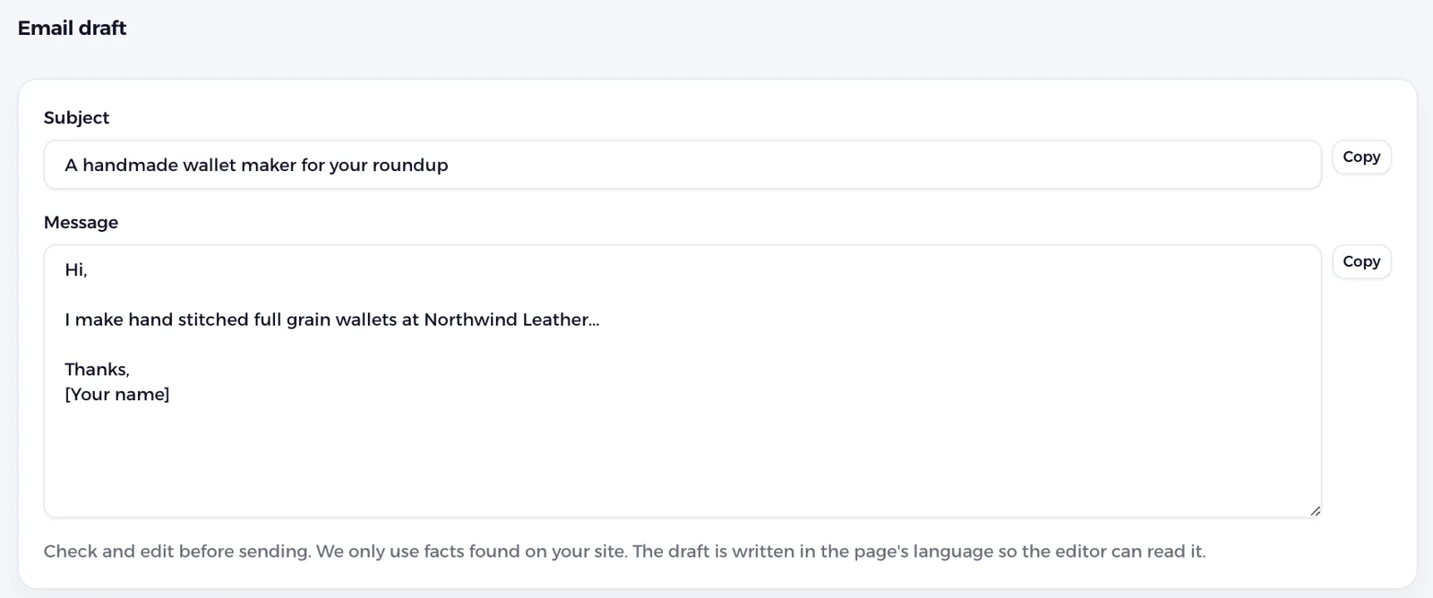 A ready email draft in the page's language.