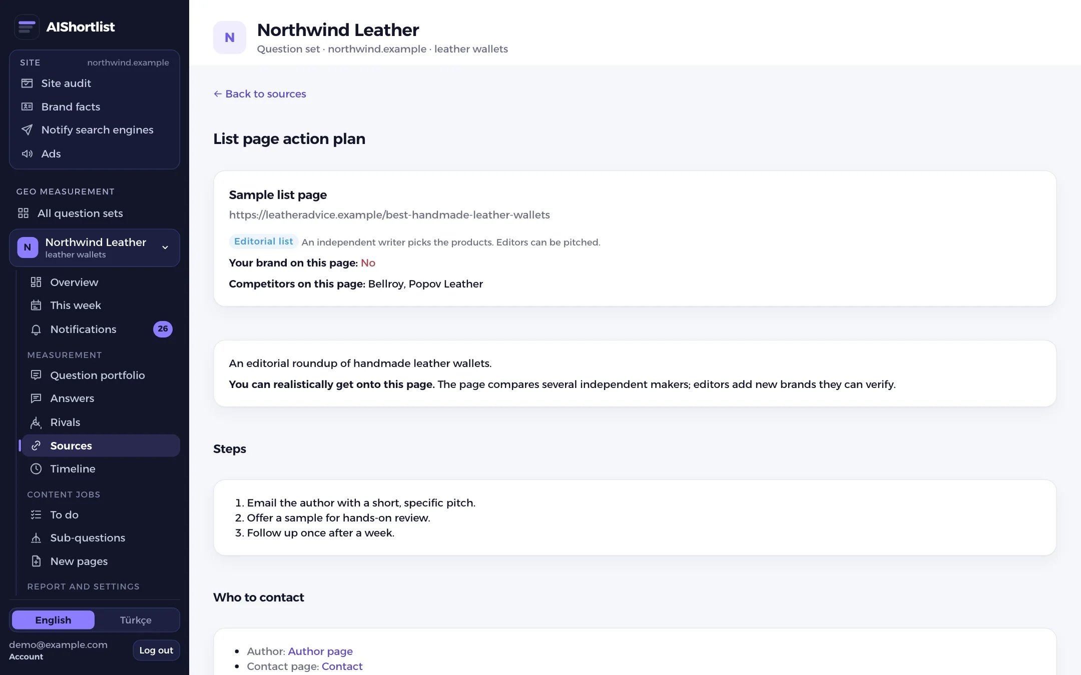 Action plan for a list page: page type, contact routes and facts to send