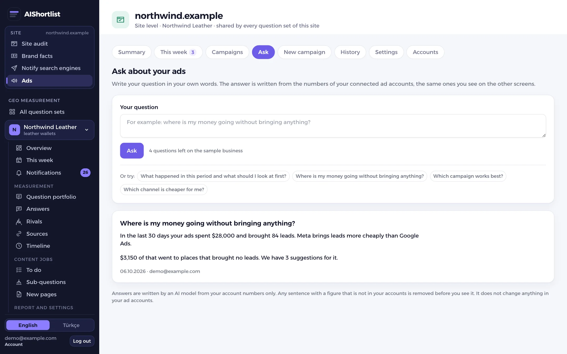 Ask screen: a question and the answer written from the account numbers
