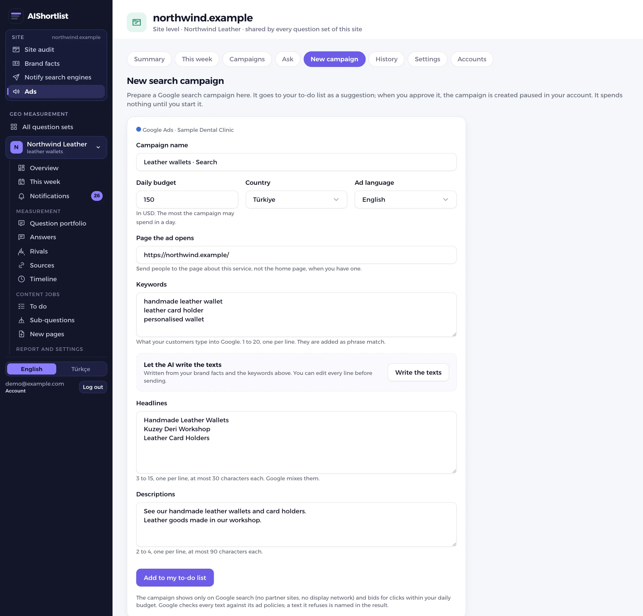 New search campaign form: budget, keywords and headlines written by the AI