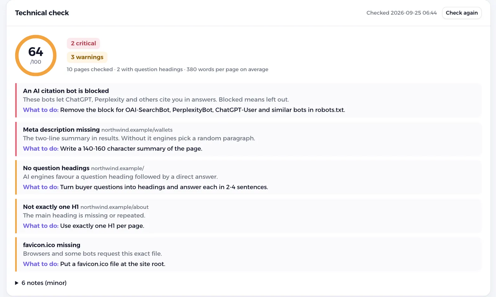 Technical site check with a score of 64 out of 100 and findings with what to do