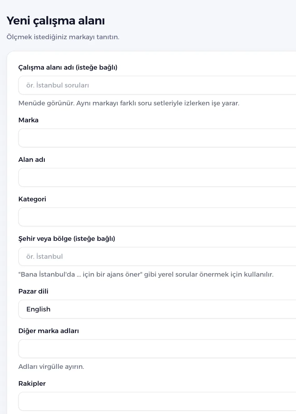 Marka, alan adı, kategori ve şehir alanları olan yeni çalışma alanı formu