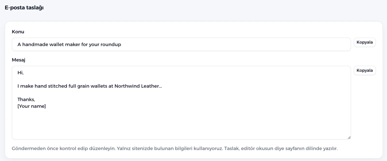 Sayfanın dilinde hazır bir e-posta taslağı.